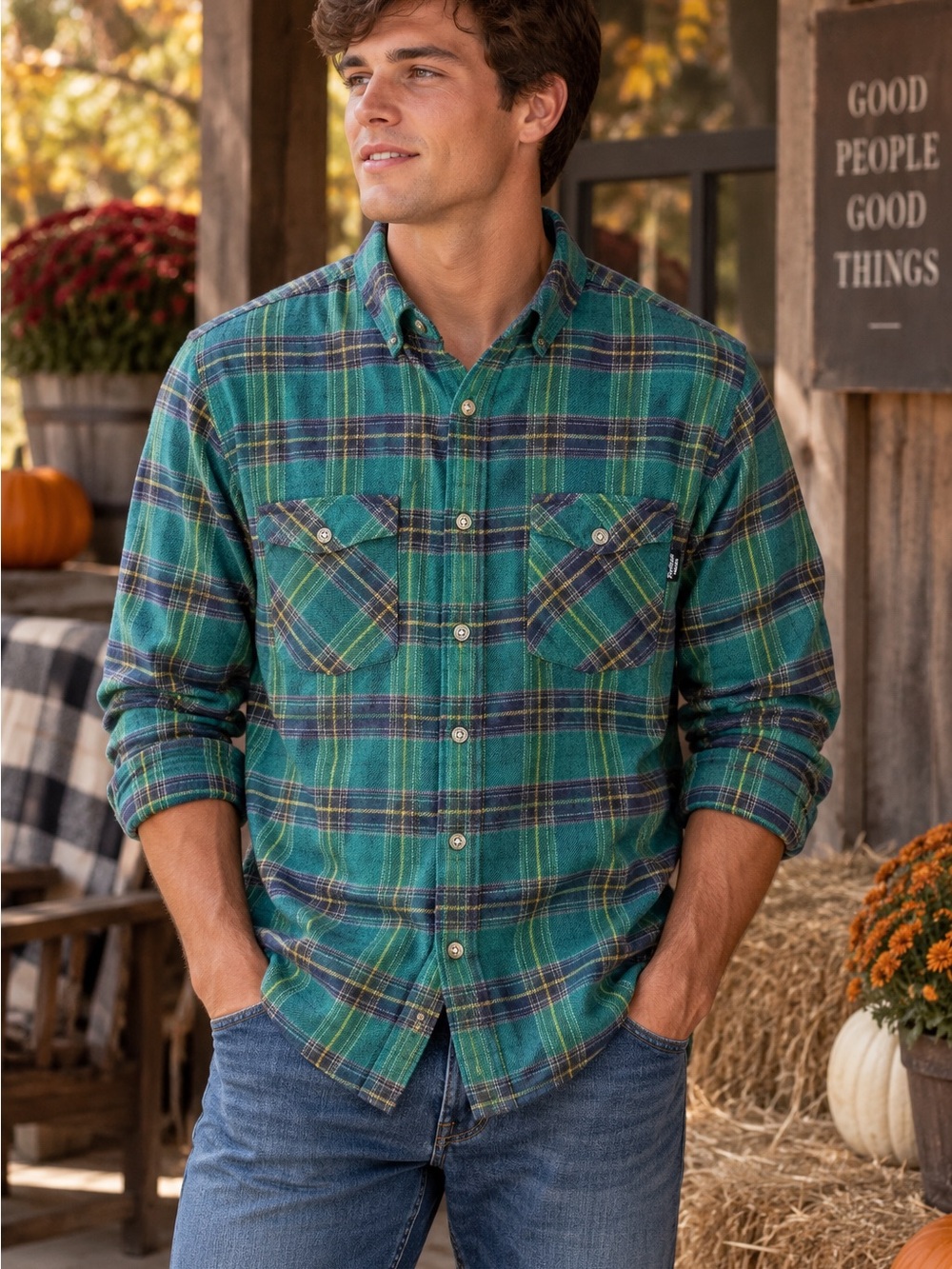 Fayettechill Men’s Green Plaid Flannel Button Down Shirt Medium